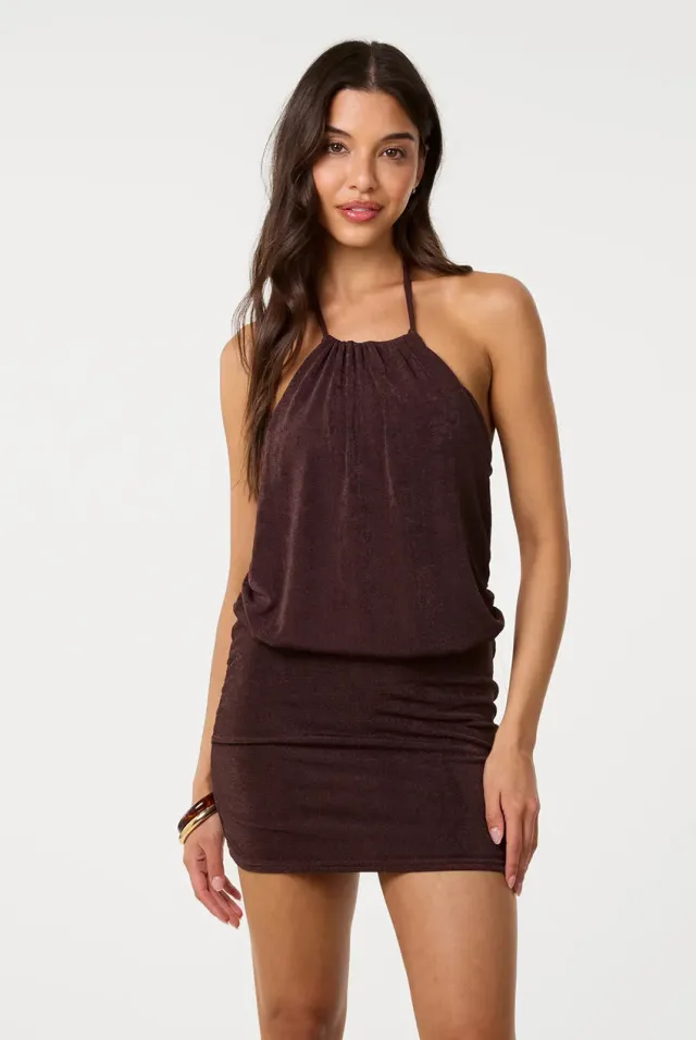 Pink Vanilla Acetate Halter Neck abito mini cioccolato S