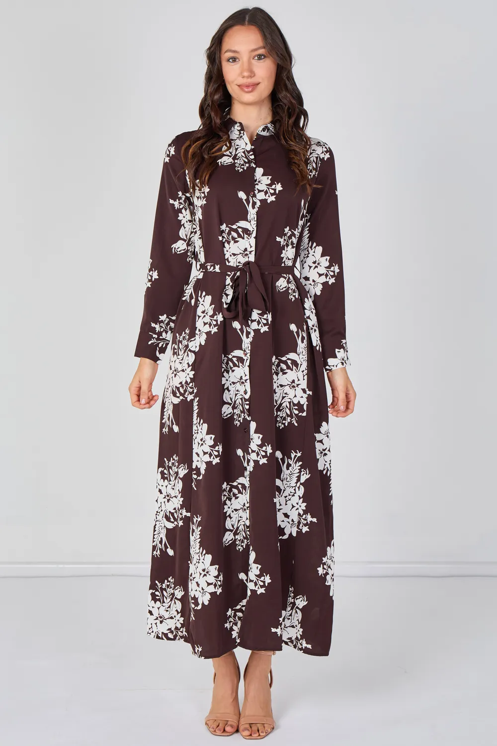 Love Sunshine Floral abito camicia marrone maxi