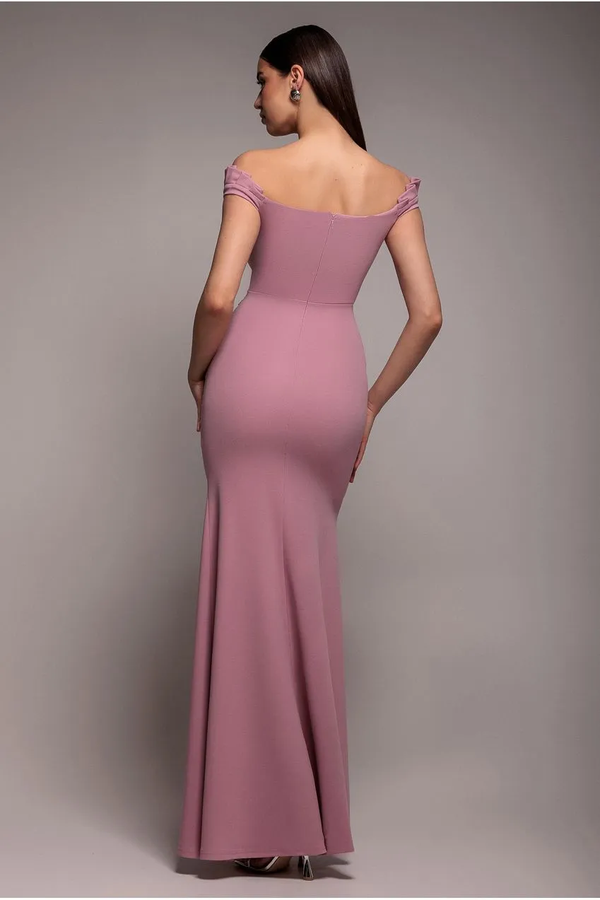 Goddiva Off Shoulder Frill abito maxi rosa arricciato
