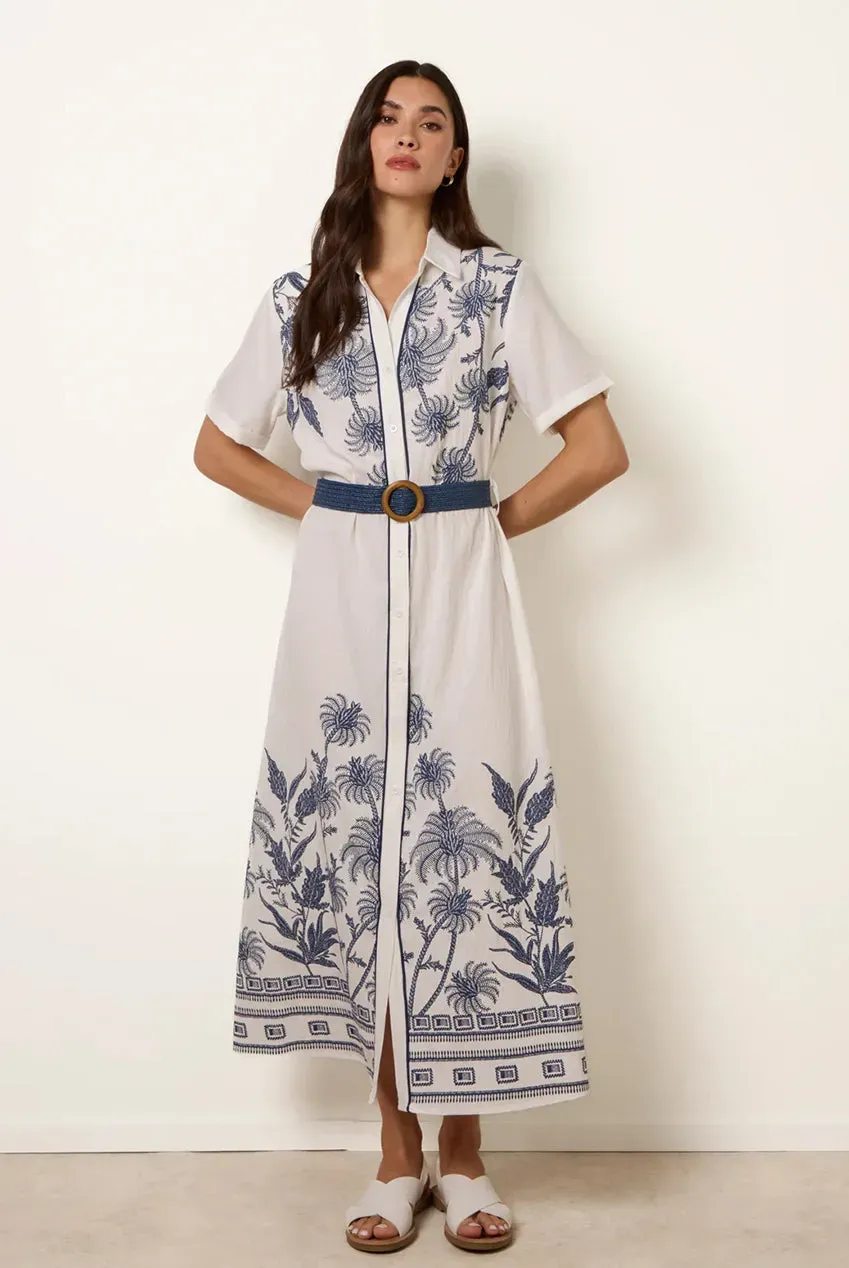 Blue Vanilla Tropical Palm abito midi bianco cotone