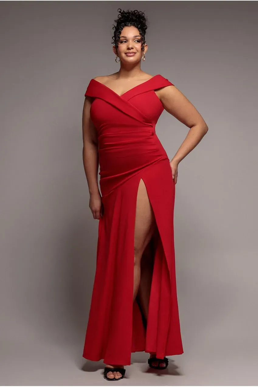 Goddiva Plus Scuba Crepe Off Shoulder abito maxi rosso spacco