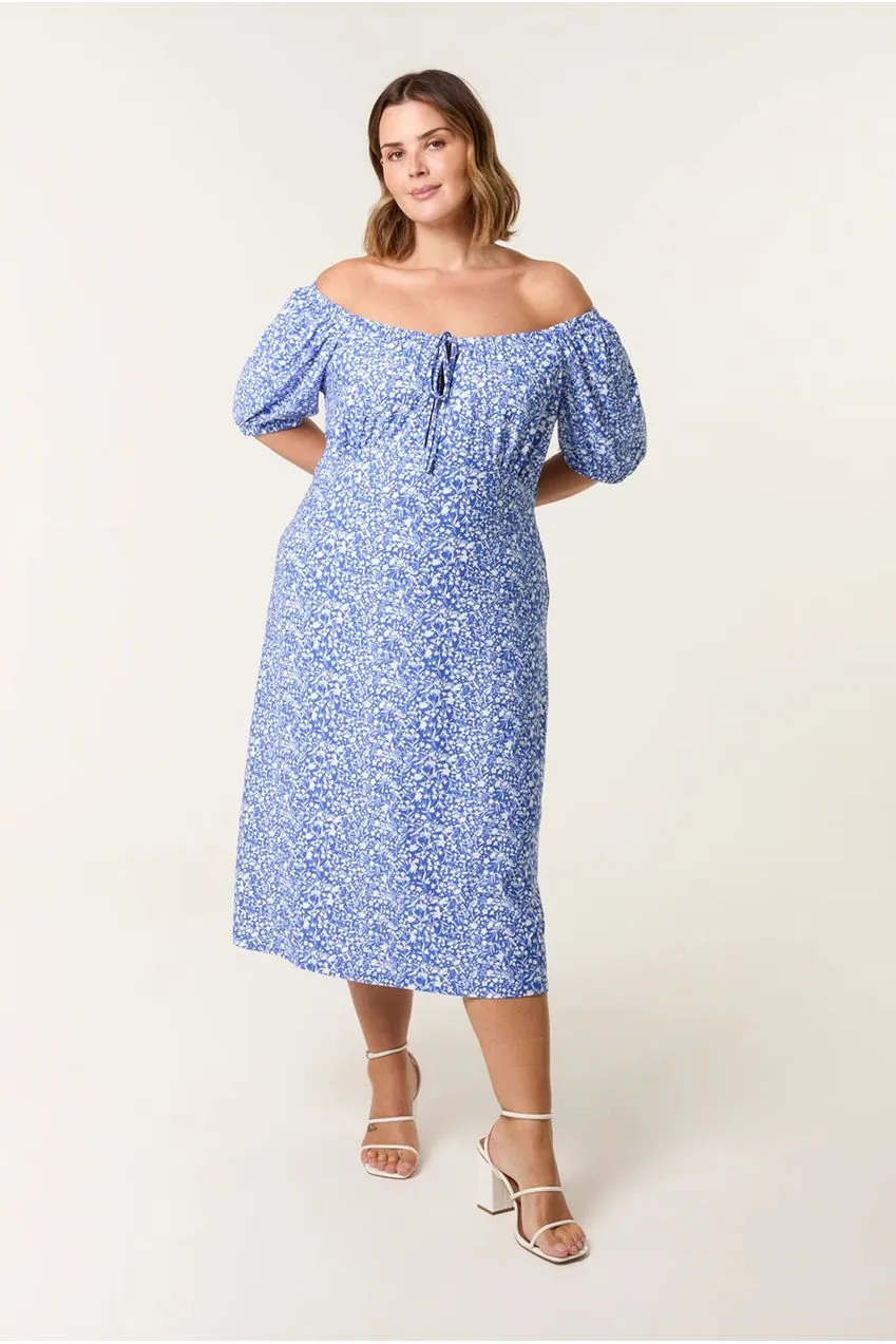 Blue Vanilla Curve Ditsy Abito Midi Blu con Scollo Bardot
