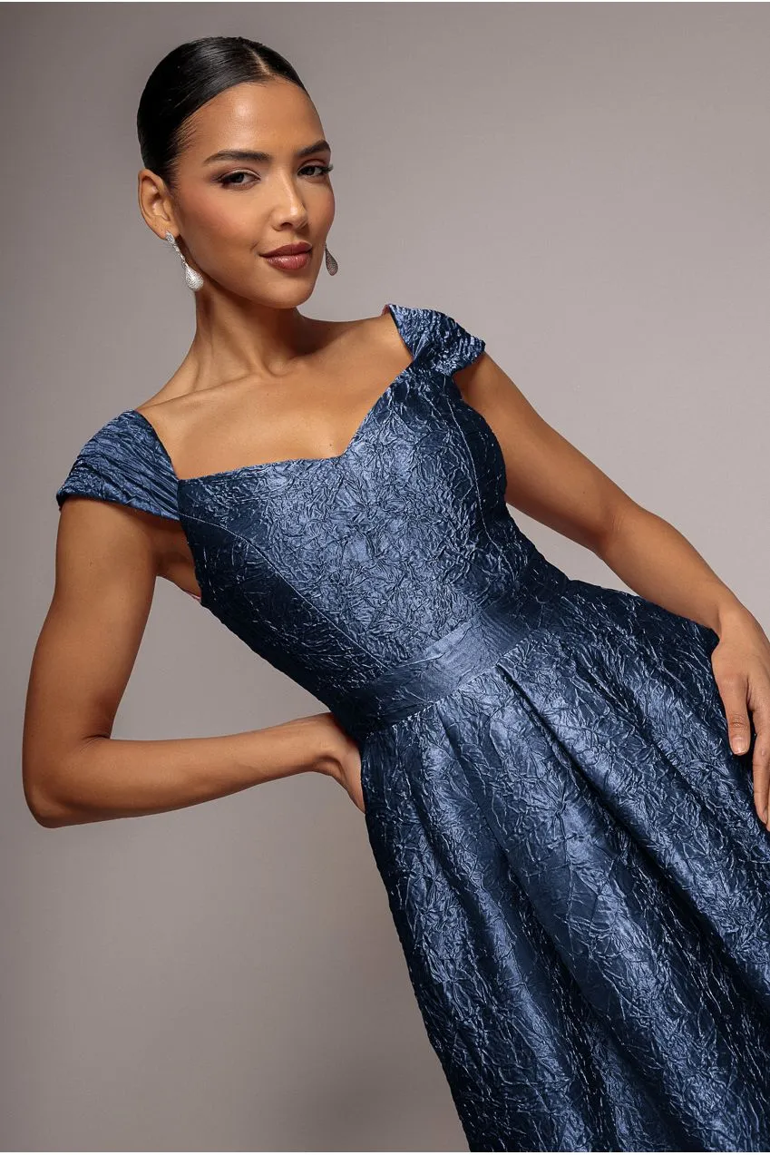 Goddiva Crushed Satin abito midi blu navy linea A tasche