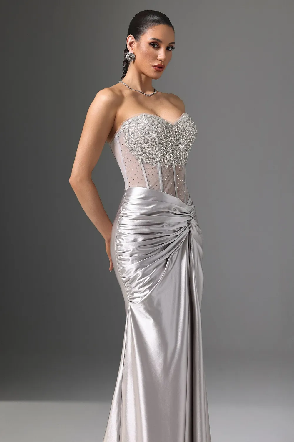 Bella Barnett Denny abito maxi paillettes argento S