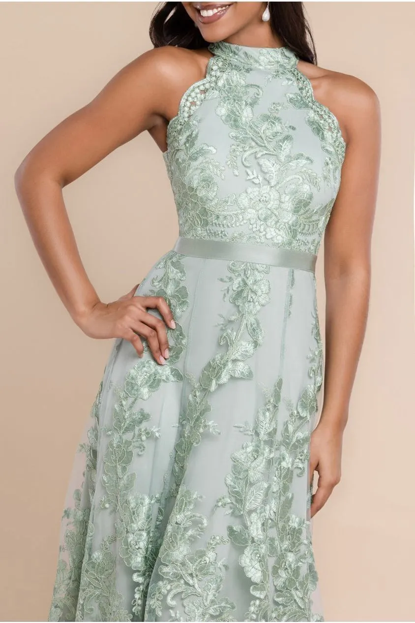 Goddiva Halter abito pizzo verde salvia collo gioiello