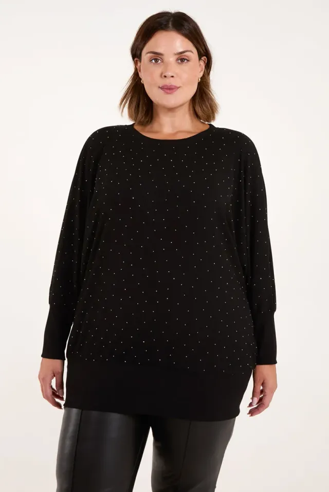 Blue Vanilla Curve top nero strass manica pipistrello taglia unica
