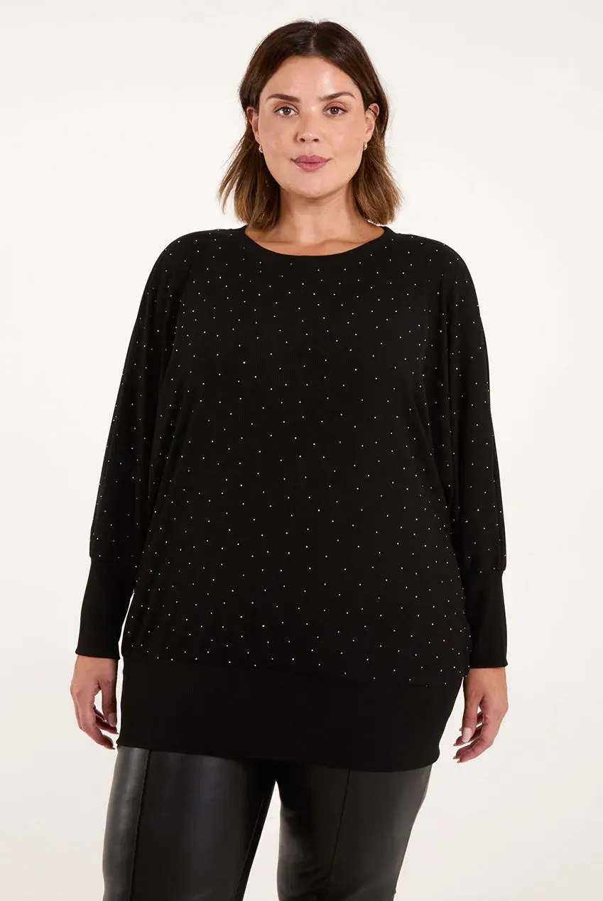 Blue Vanilla Curve top nero strass manica pipistrello taglia unica