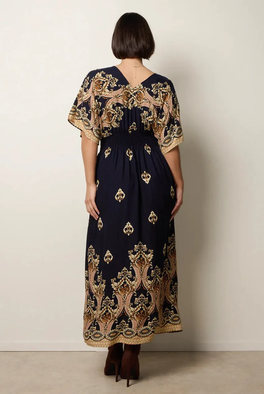 Blue Vanilla Border Print Kimono abito maxi navy viscosa