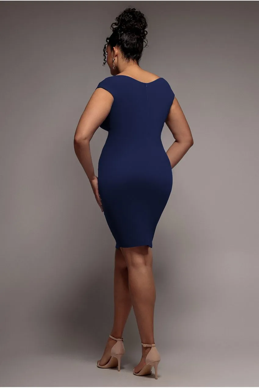 Goddiva Plus Bardot abito midi navy scollatura omerale