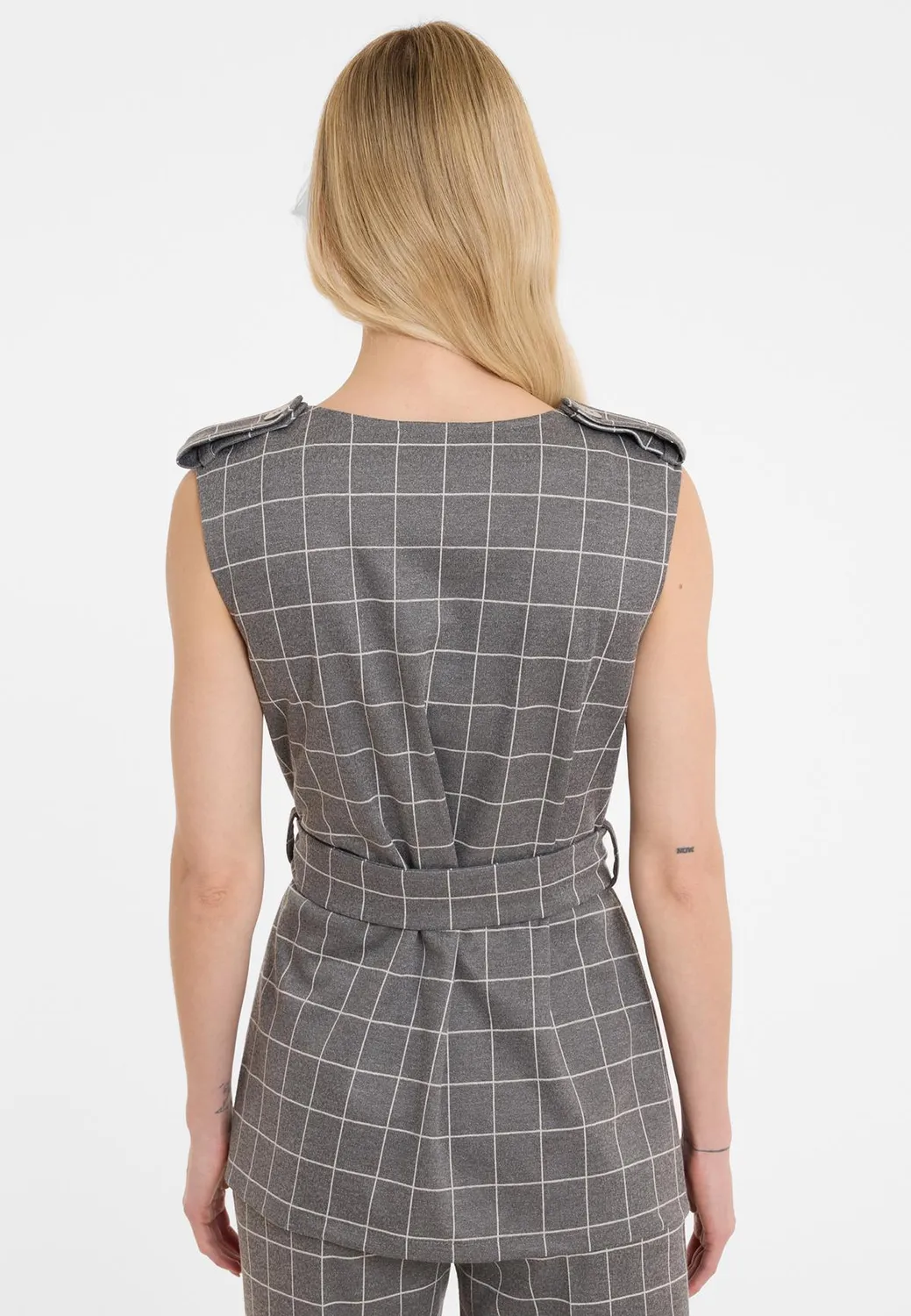 Ana Alcazar Amira gilet top grigio quadri con cintura