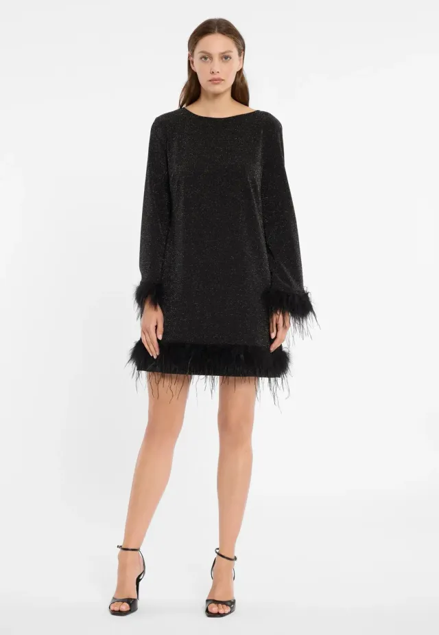 Ana Alcazar Cila abito cocktail nero lurex con piume