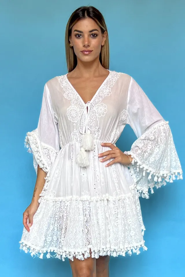 Antica Sartoria Positano DV1455 abito corto bianco scollo a V