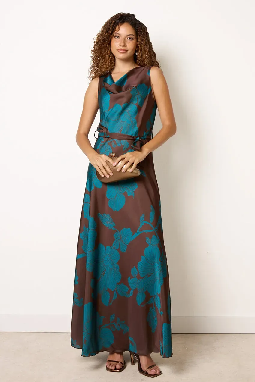 Blue Vanilla Floral Satin Cowl Neck abito raso cioccolato