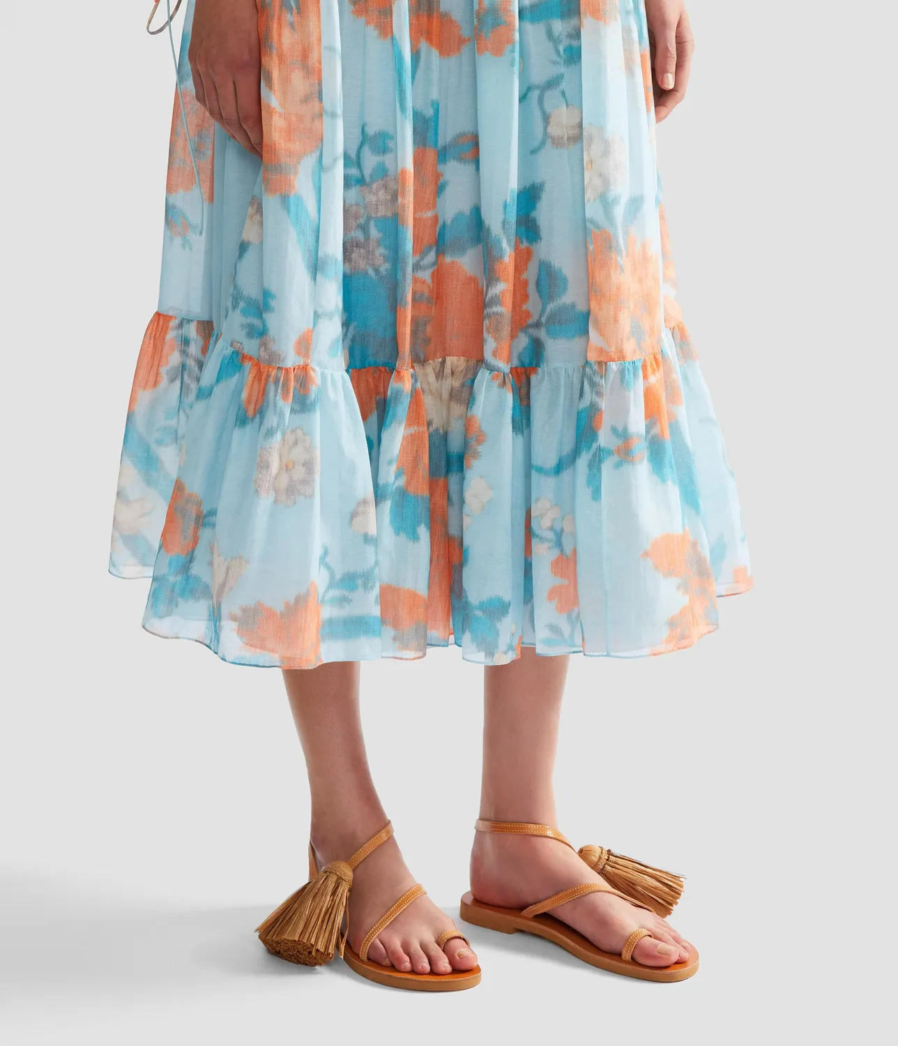 Erdem Gonna Midi Floreale Voile Cotone Seta Blu