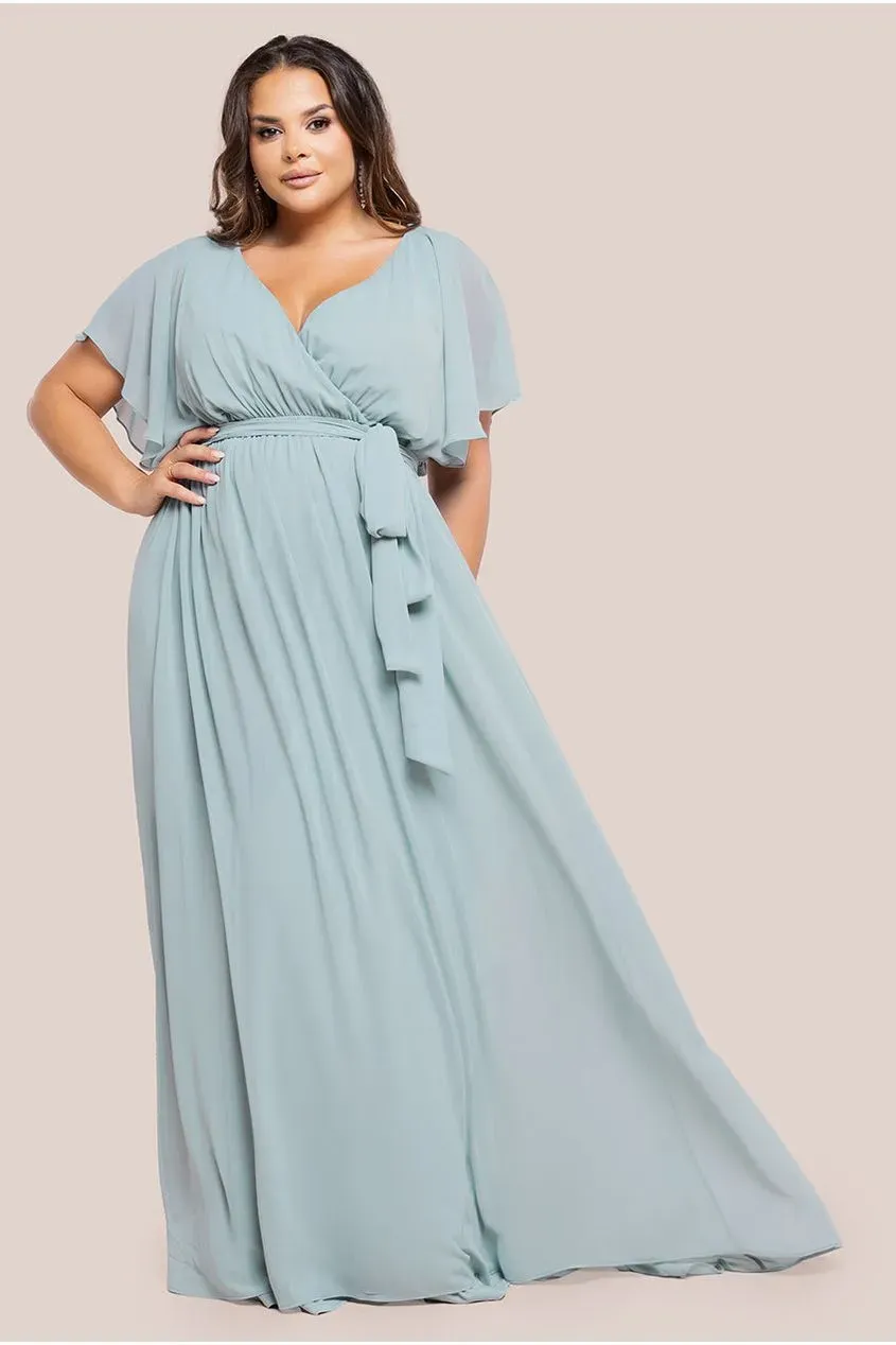 Goddiva Plus Flutter Sleeve Wrap abito verde salvia