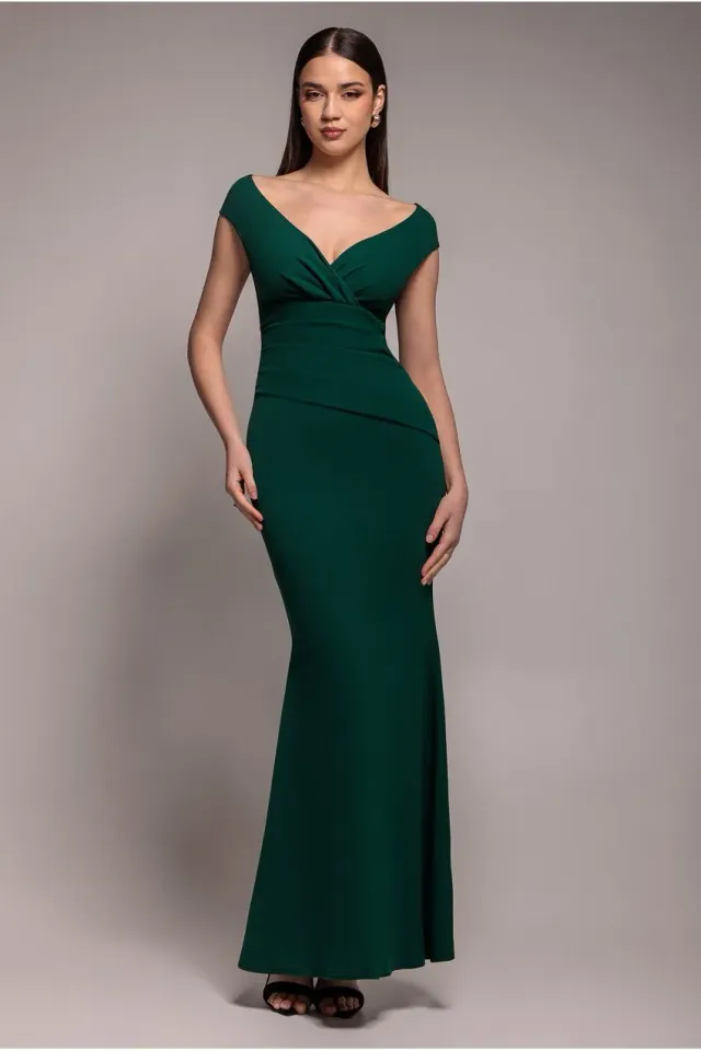 Goddiva Bardot abito maxi verde smeraldo plissettato