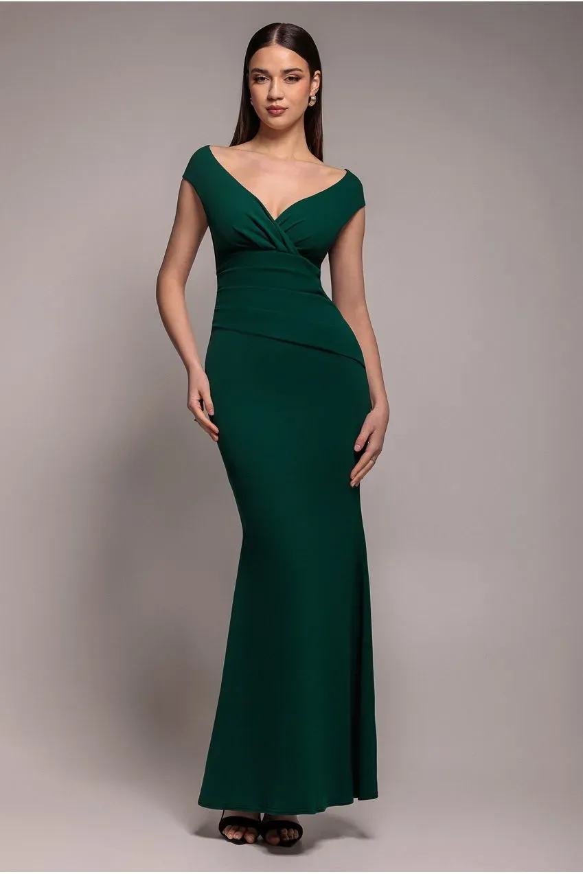 Goddiva Bardot abito maxi verde smeraldo plissettato