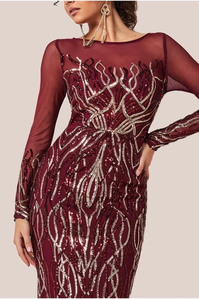 Goddiva Sequin Flame abito midi paillettes vino maniche lunghe