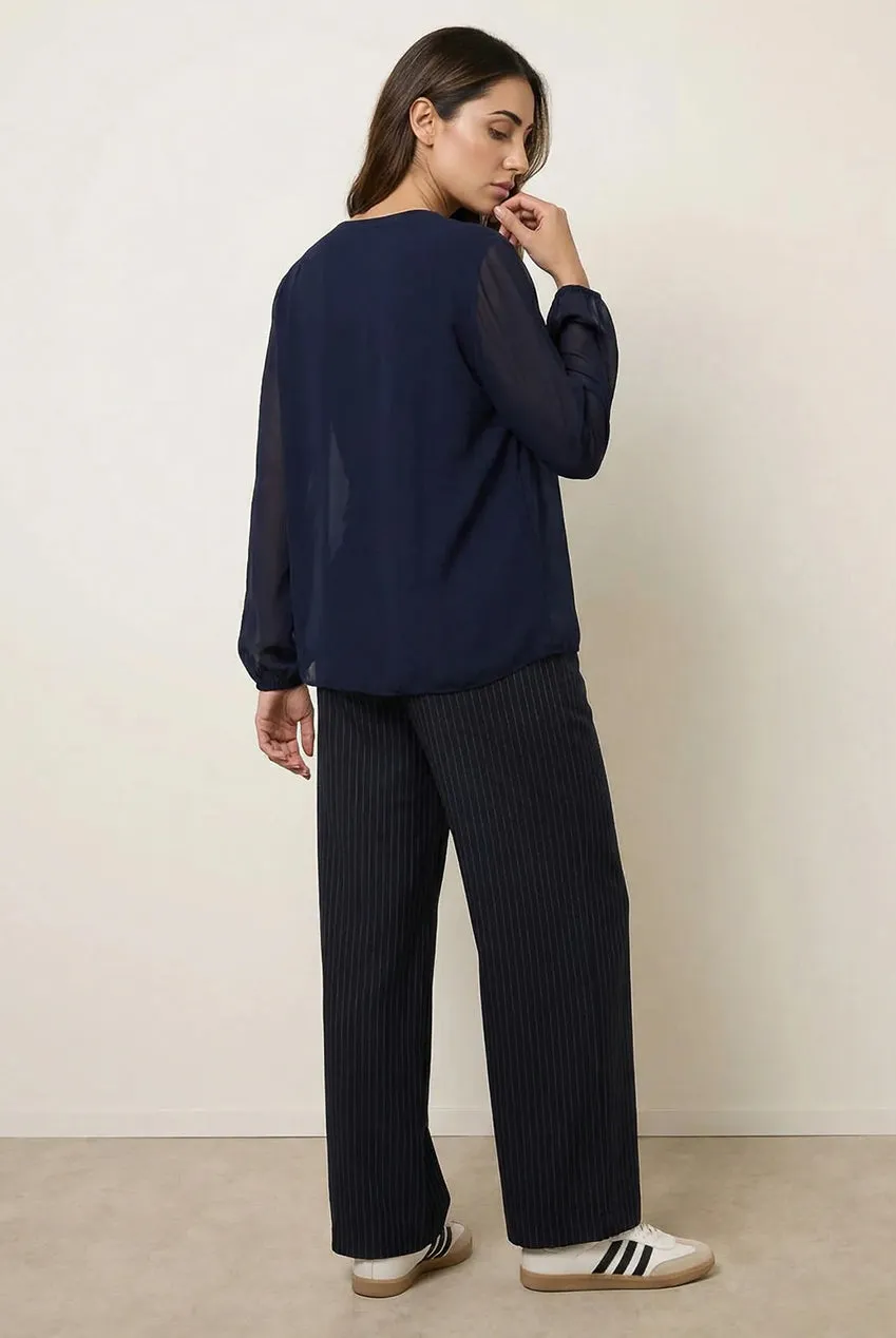 Blue Vanilla top plissettato navy manica lunga girocollo S/M