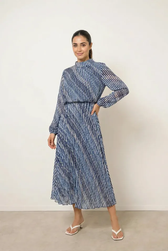 Blue Vanilla High Neck Bubble abito blu fantasia midi