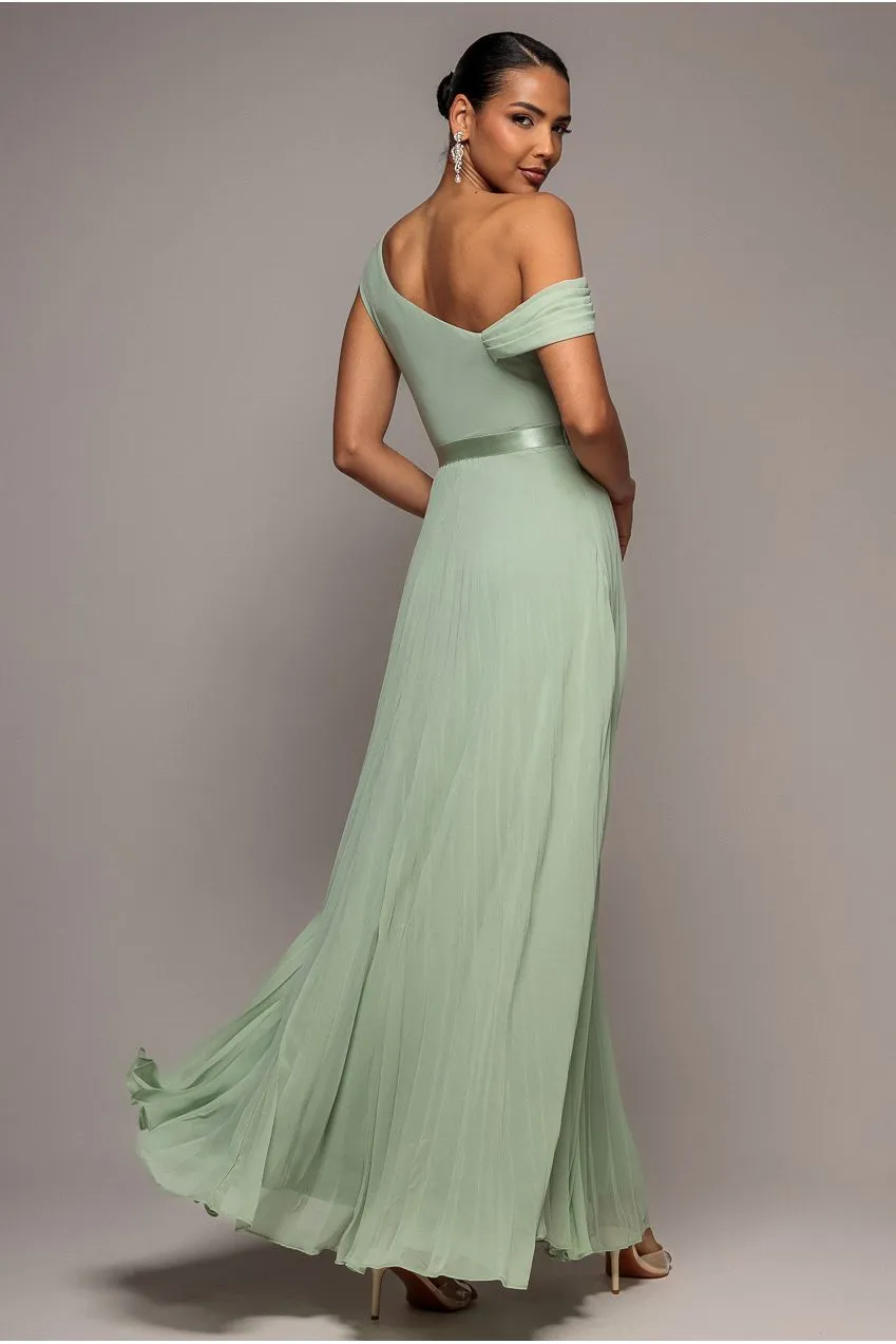 Goddiva One Shoulder A Line abito maxi verde salvia chiffon