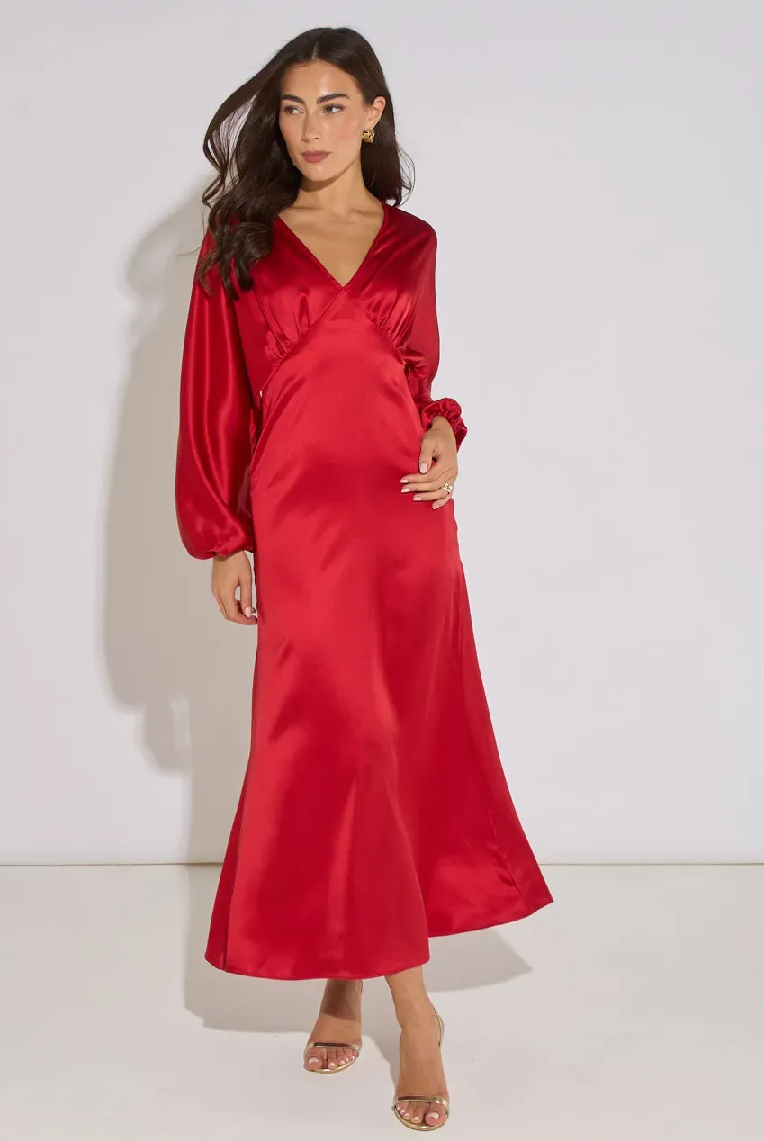 Gini London Red V Neck Batwing abito midaxi raso rosso