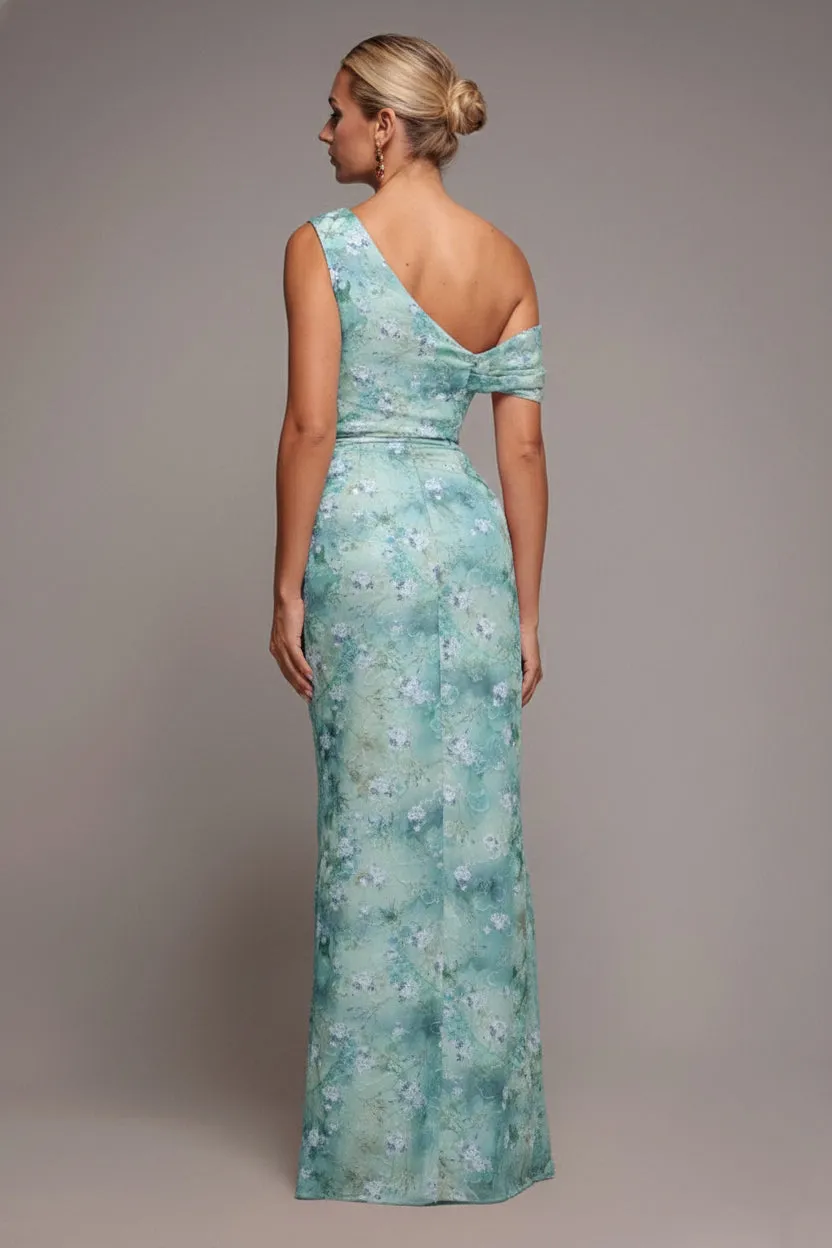 Goddiva One Shoulder Abito Chiffon Blu Floreale Maxi