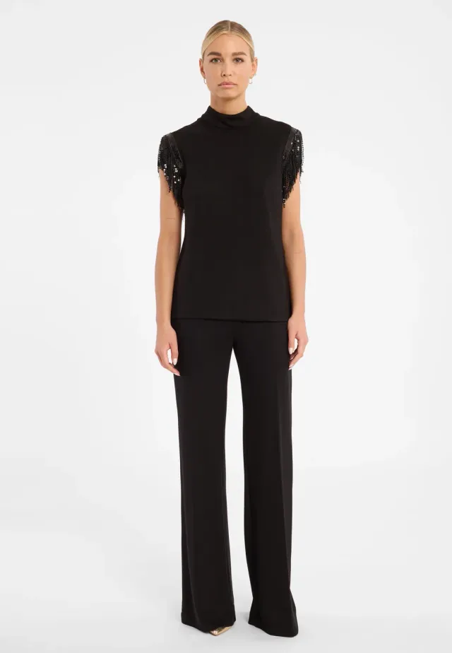 Ana Alcazar Cora Top Nero Jersey Frange Sera