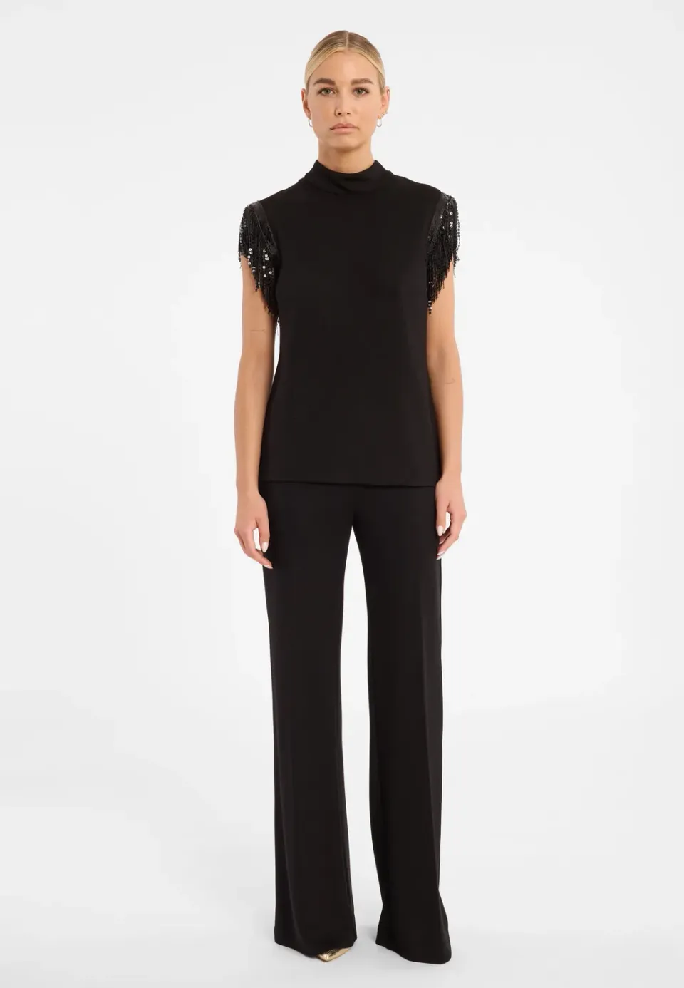 Ana Alcazar Cora Top Nero Jersey Frange Sera