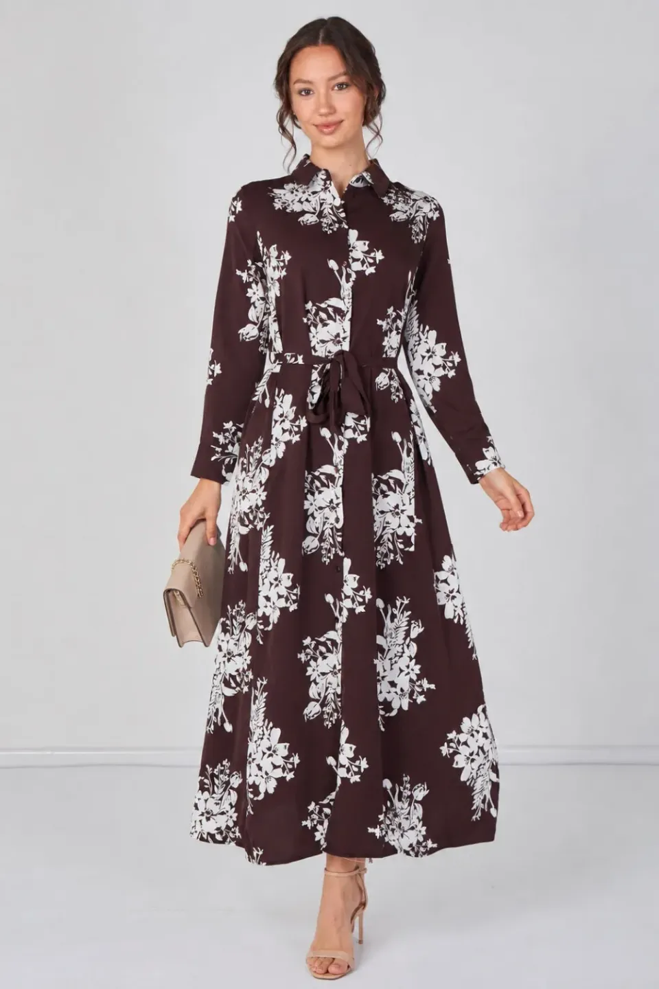 Love Sunshine Floral abito camicia marrone maxi