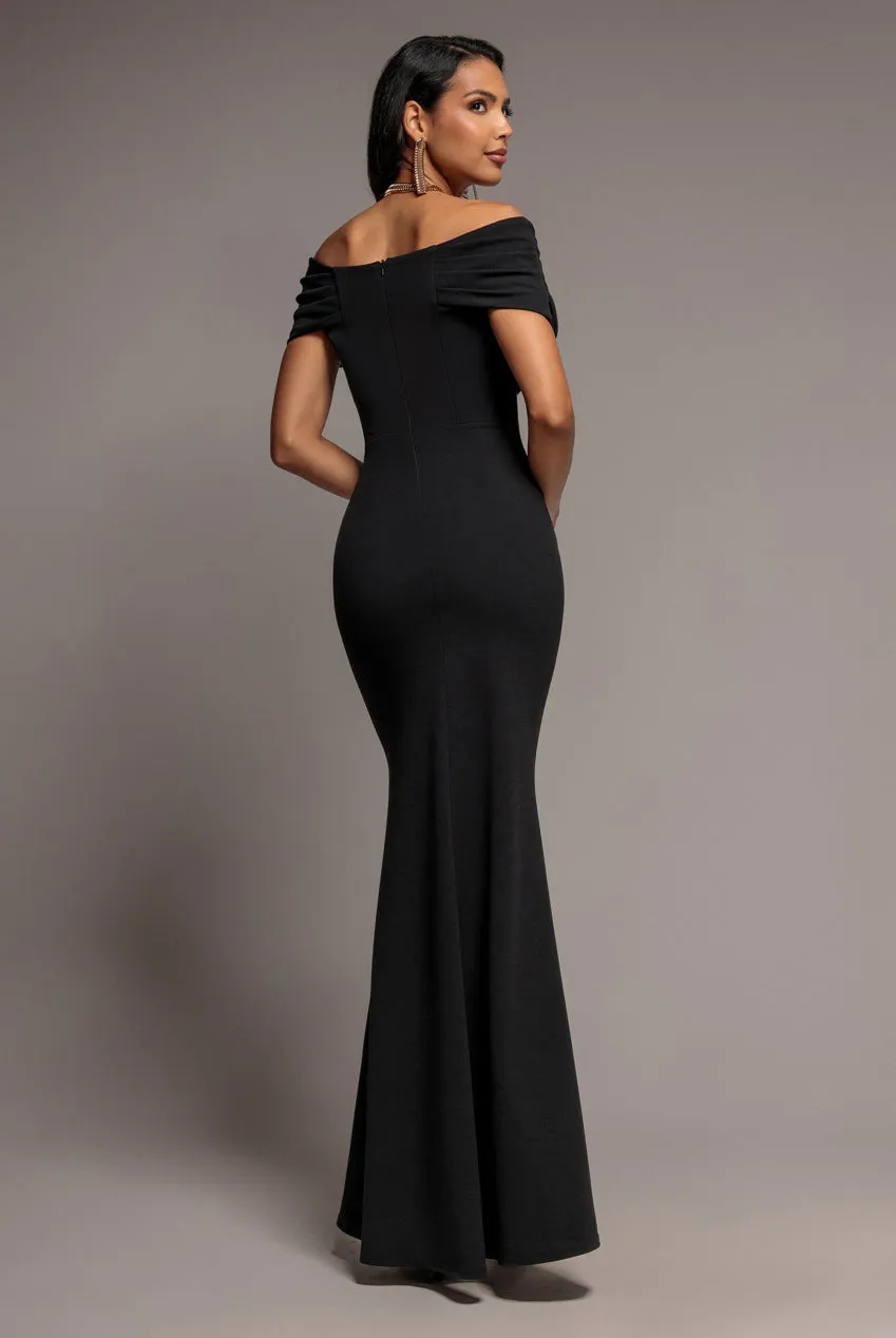 Goddiva Bardot abito sirena plissettato nero maxi
