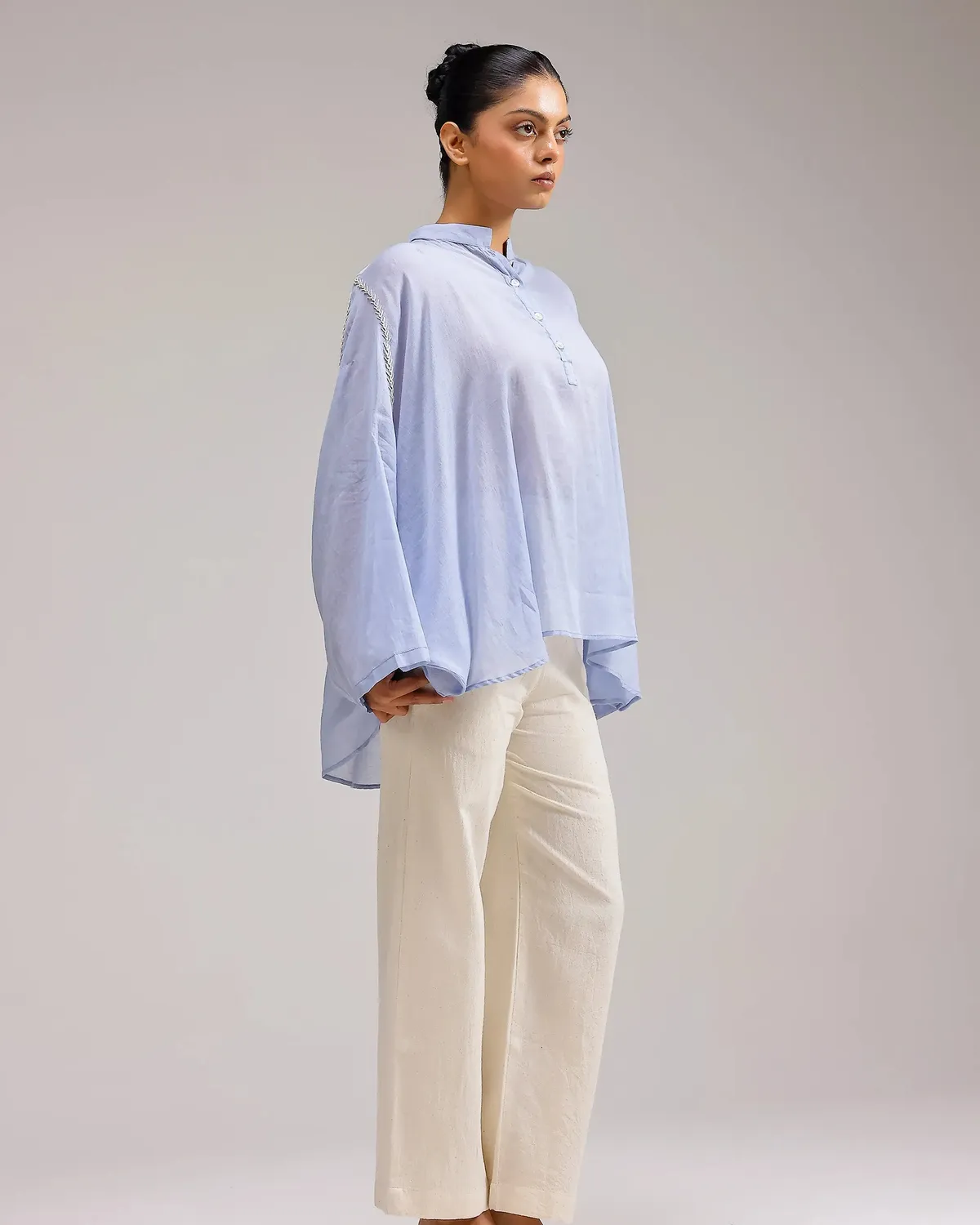 Our Dve Saanjh Soft Chanderi Top Blu Etereo