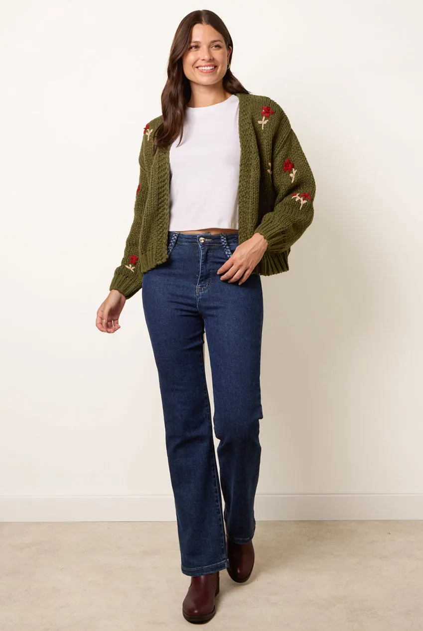 Blue Vanilla Flower Embroidery cardigan khaki manica lunga