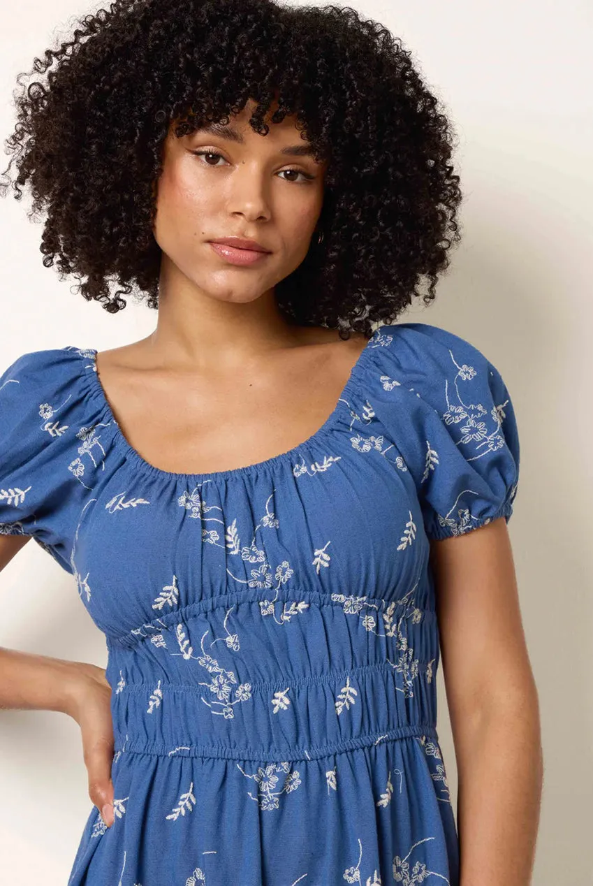 Blue Vanilla Milkmaid abito midi denim blu ricamato