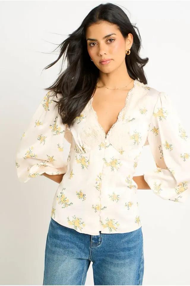 Gini London camicia satin pizzo crema floreale manica lunga