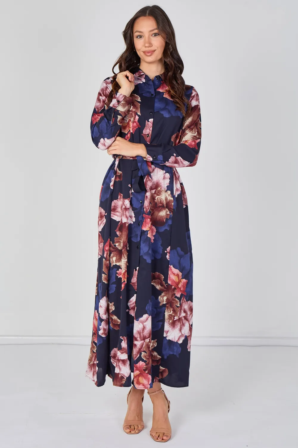 Love Sunshine Navy Iris abito camicia maxi blu navy floreale