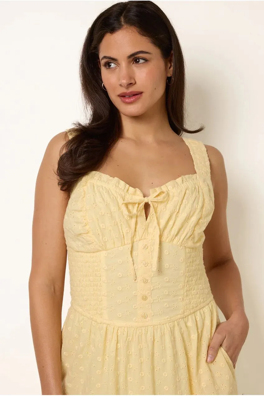 Blue Vanilla Broderie Button Maxi Abito Giallo Limone Cotone