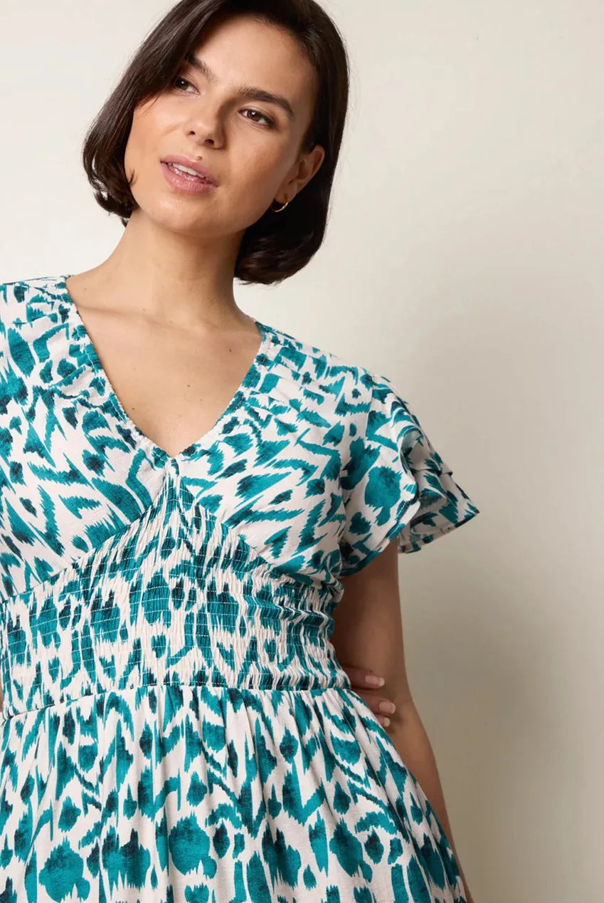 Blue Vanilla Printed V Neck abito teal midi