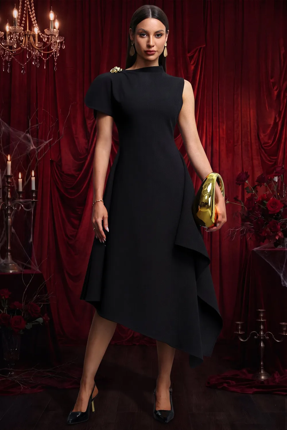 Goddiva Bella Barnett Weren abito lungo nero collo alto