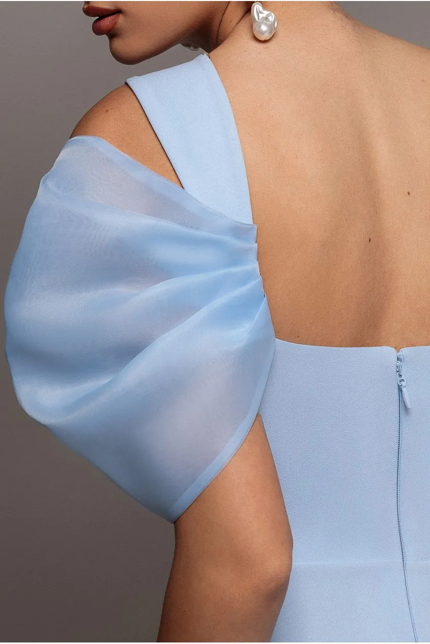 Goddiva Organza Bow abito maxi azzurro monospalla