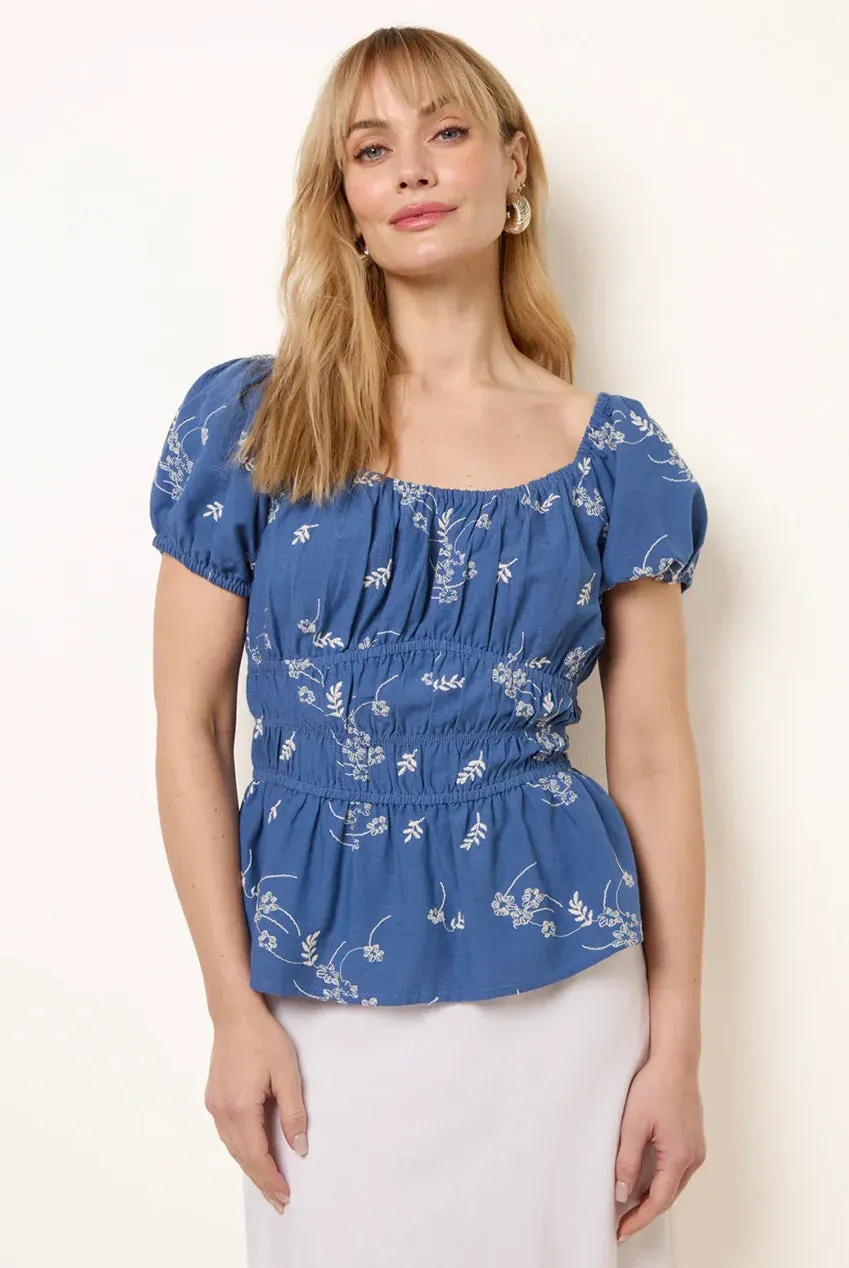 Blue Vanilla Embroidery Peplum Camicetta denim ricamata