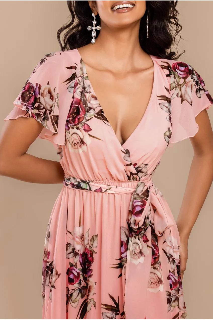 Goddiva abito maxi fantasia floreale pesca