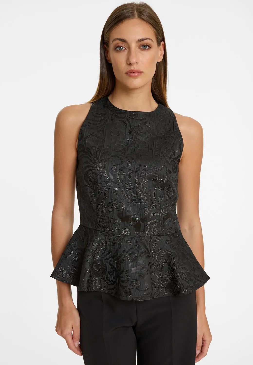 Ana Alcazar Absala top peplum broccato nero floreale