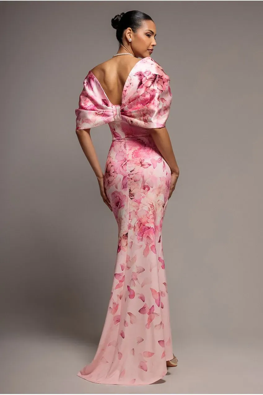 Goddiva Satin Bow Back abito lungo rosa cipria floreale