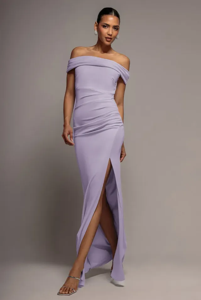 Goddiva Bardot Abito Maxi Lilla Scuba Spacco Sirena