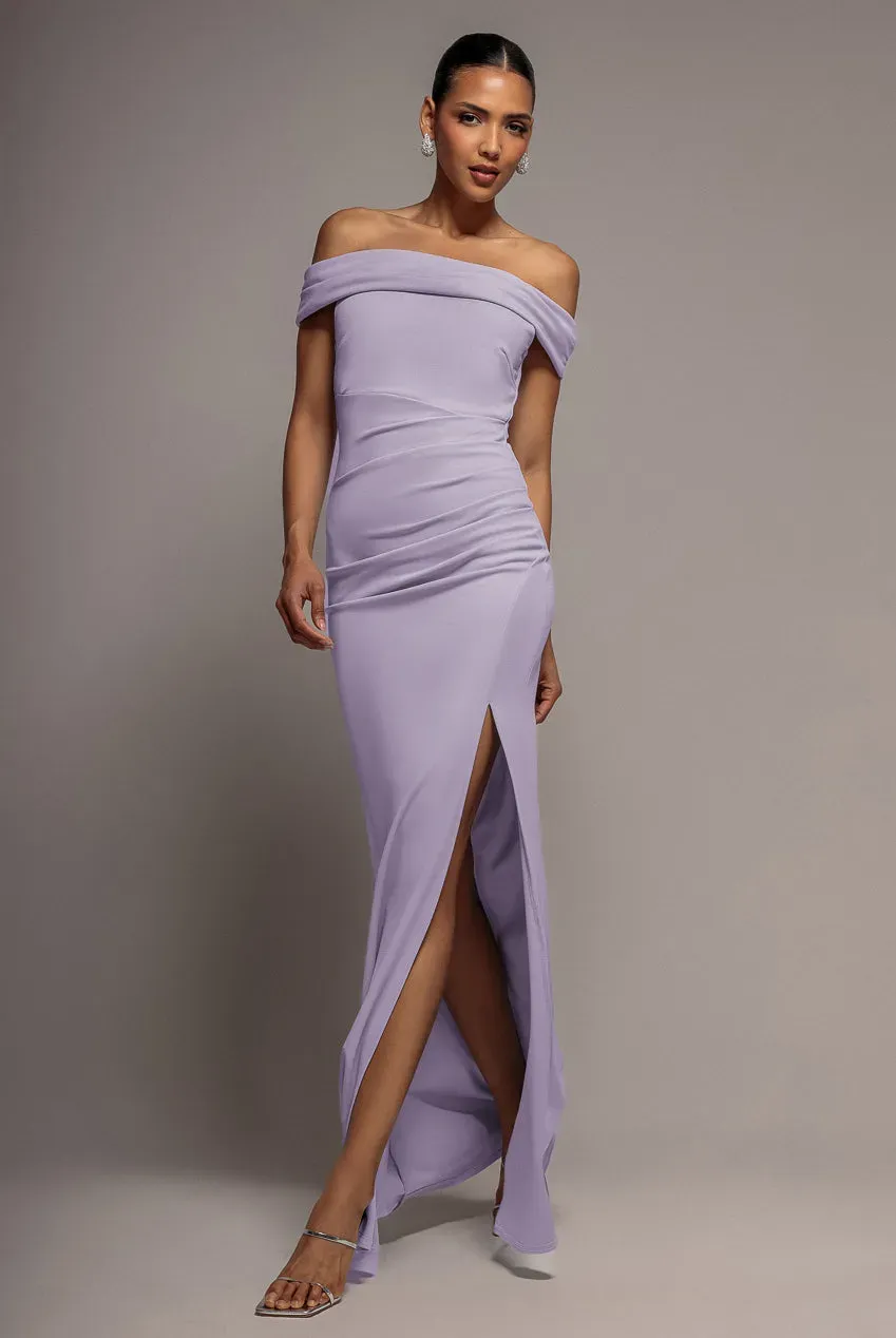 Goddiva Bardot Abito Maxi Lilla Scuba Spacco Sirena