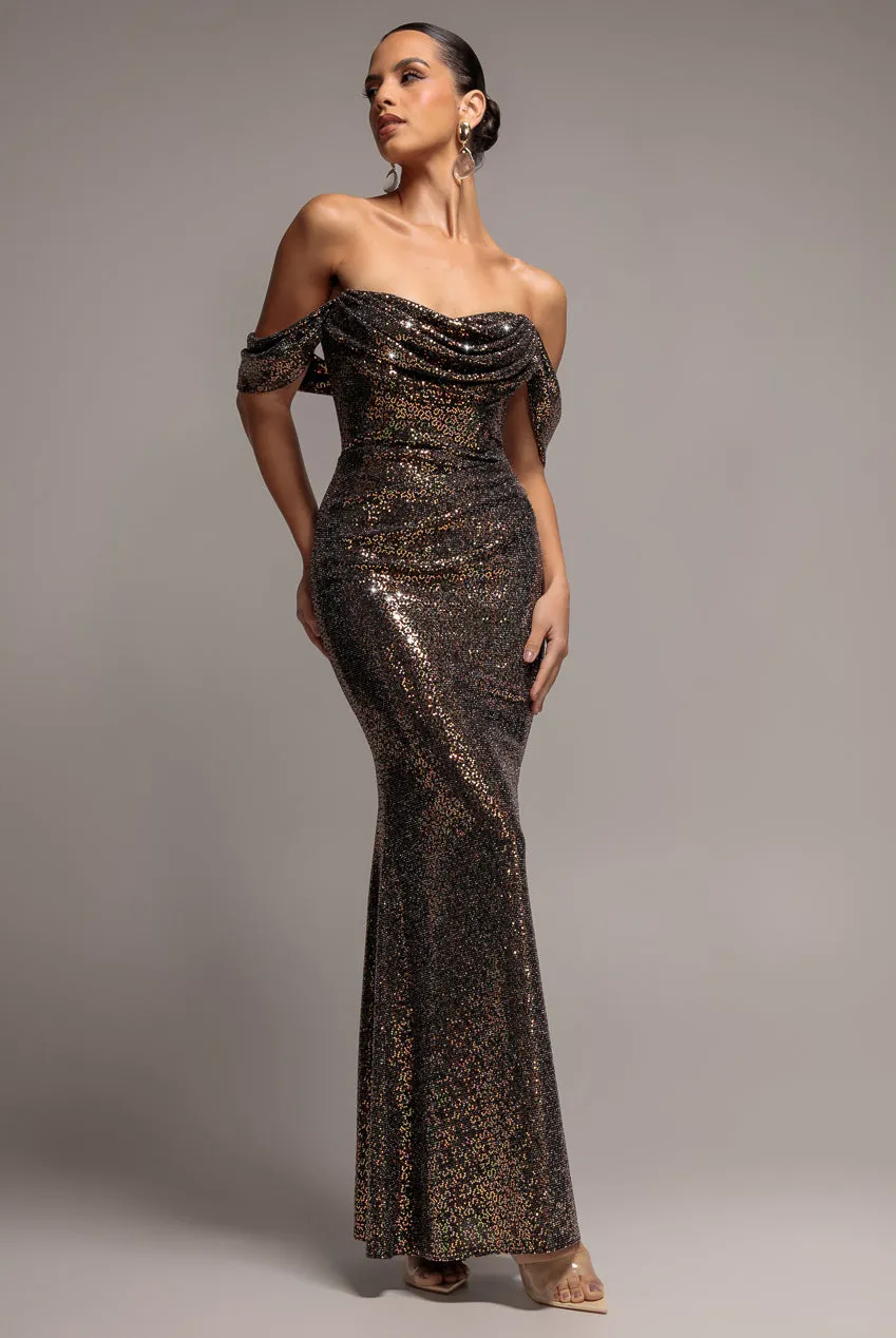 Goddiva Sequin Lurex abito maxi oro multi spalle scoperte