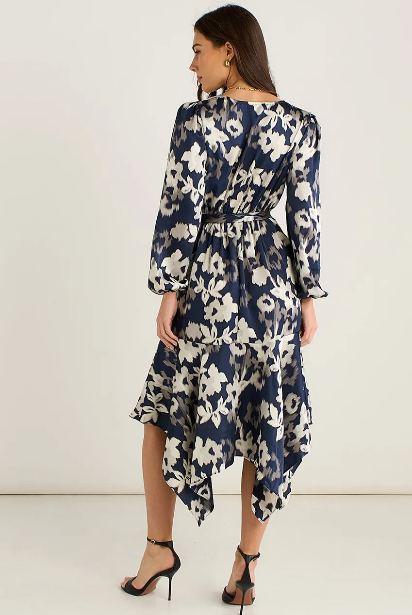 Gini London Asymmetric Hem abito blu midi avvolgente