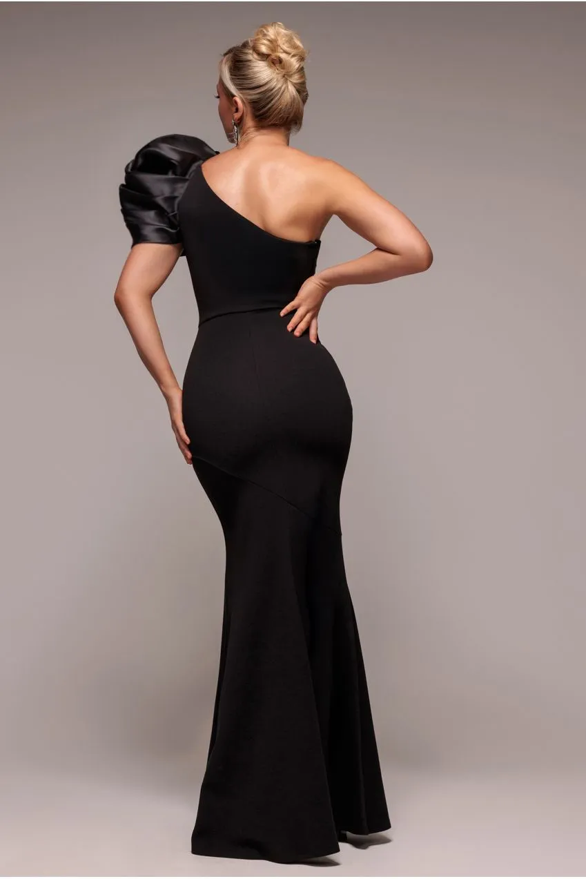 Goddiva One Shoulder Puffed Satin abito nero sirena