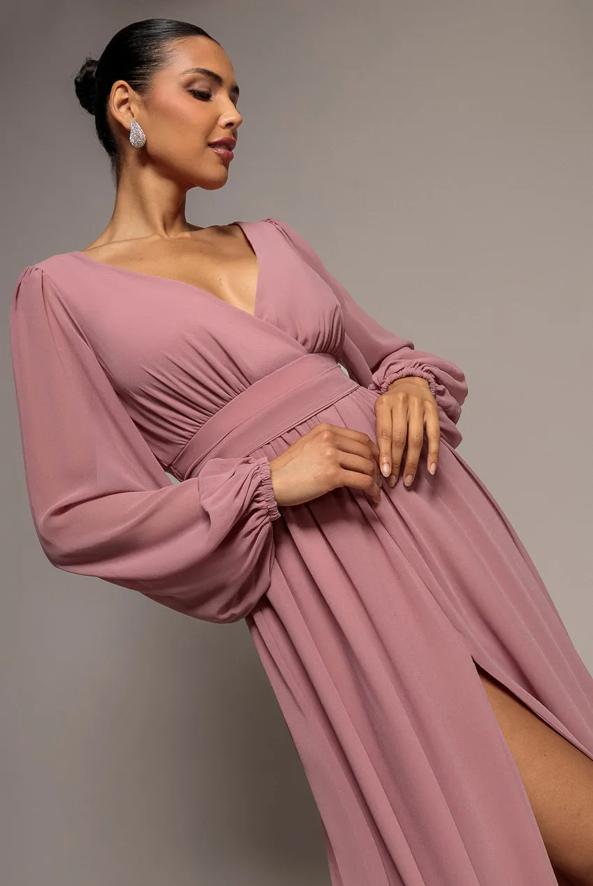 Goddiva Wrap Back abito maxi chiffon lilla manica lunga